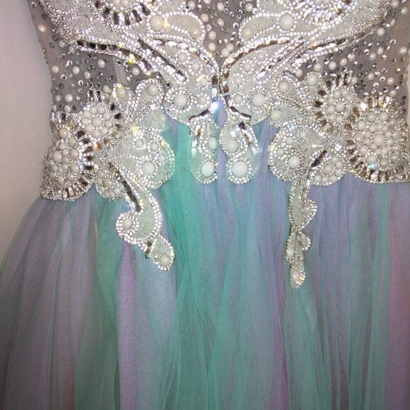 FORMAL TEAL & PURPLE TULLE BALLGOWN W/CRYSTAL & PEARL BODICE EVENING DRESS - Picture 4 of 11